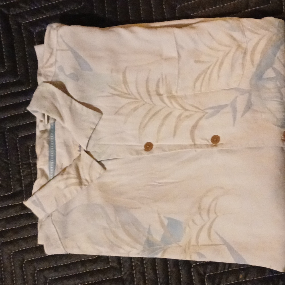 Vntg TOMMY BAHAMA Hawaiian Men's Silk Shirt SUBTLE beige Tan Blue- Copyr…